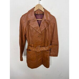 JENO DE PARIS Brown Leather Jacket Women’s 70s Belted Size 8 Vintage Genuine